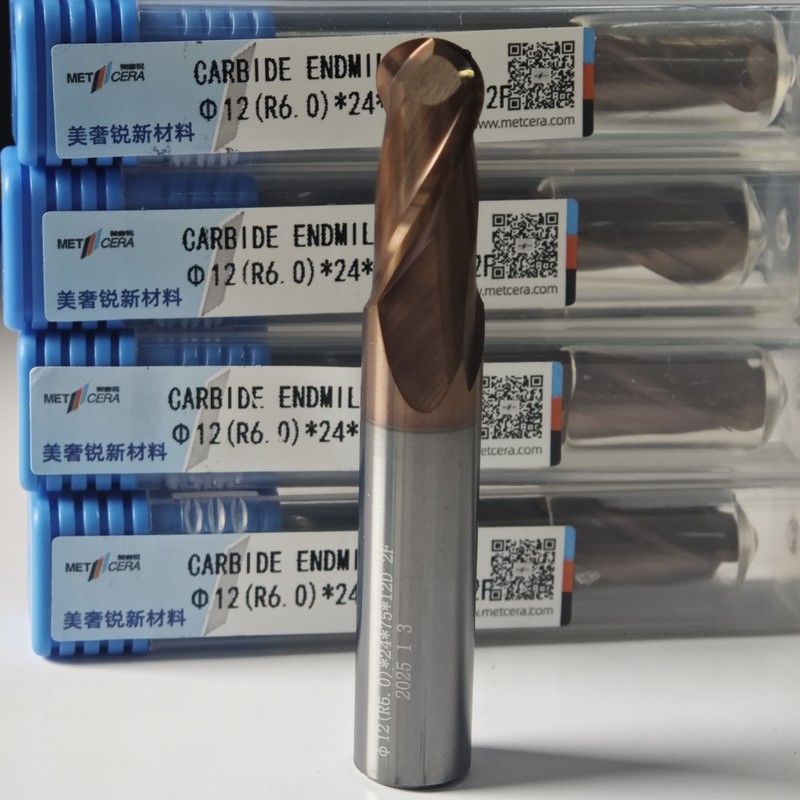 Cuadrícula de carburo sólido Noso de bola de extremo de molino 2 flautas R0.5-10 12mm Φ12.0 R6.0 X24x12Dx75mm Dureza HRC55-60 Revestimiento AlCr para acabado